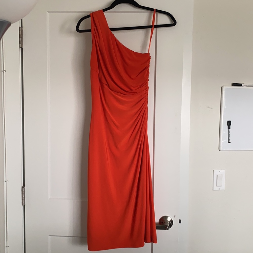 Lauren by Ralph Lauren orange dress hangs off right shoulder